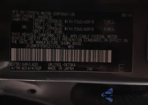 2019 Lexus Gx 460 Premium из США, поврежденный, VIN JTJBM7FX5K5211126